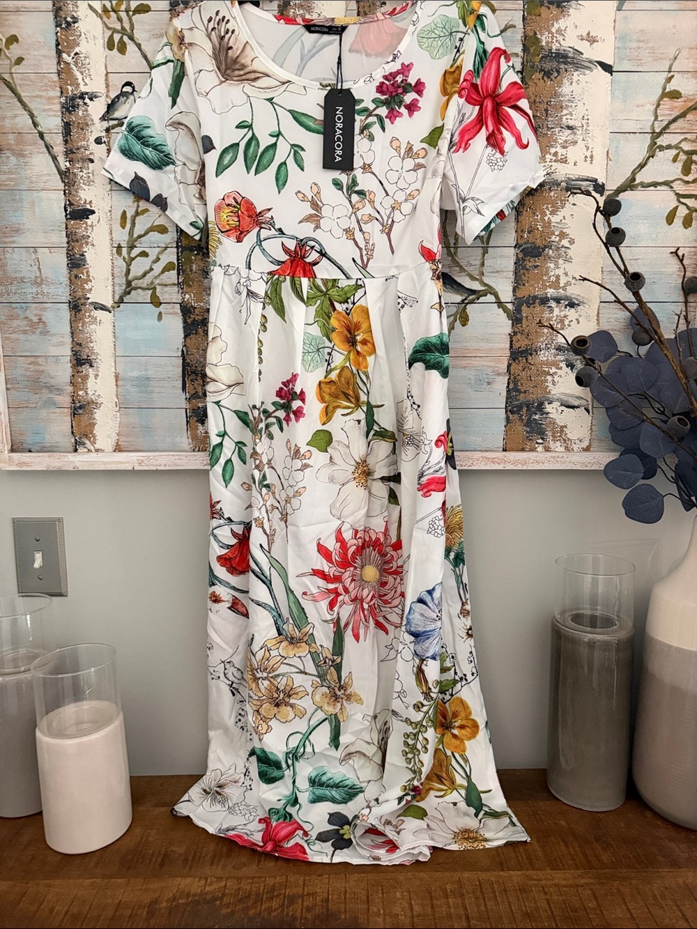 NoraCora Floral White Maxi Dress with Multicolor Botanical Print